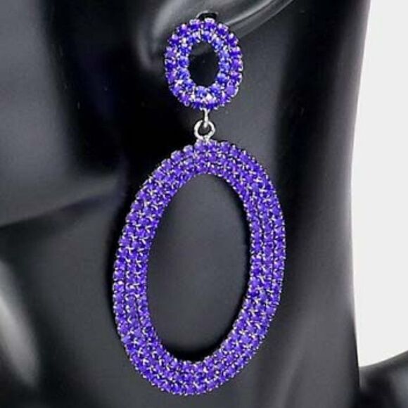 Rhinestone Royal Blue Double Open Oval Earrings - Picture 2 of 5
